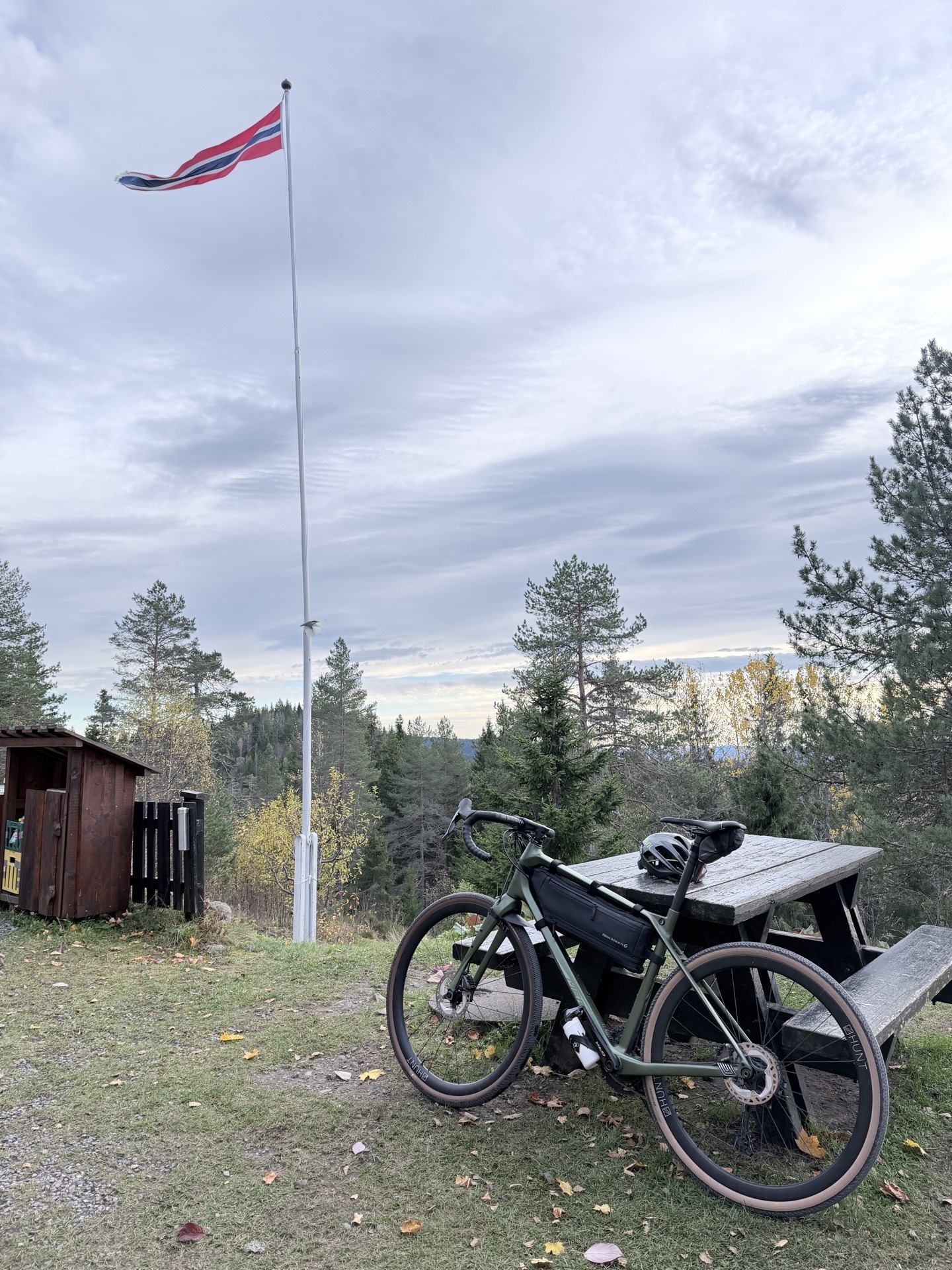 Gravel bike at a forest rest stop in the Nordmarka, Oslo