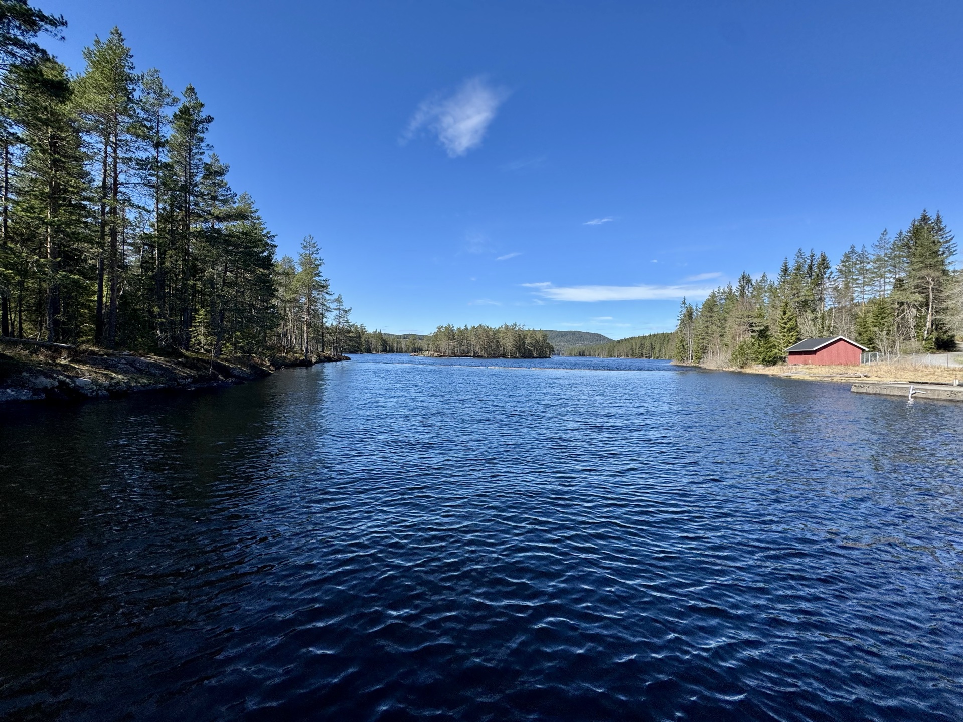 Forest lake with red cabin in the Oslo wilderness