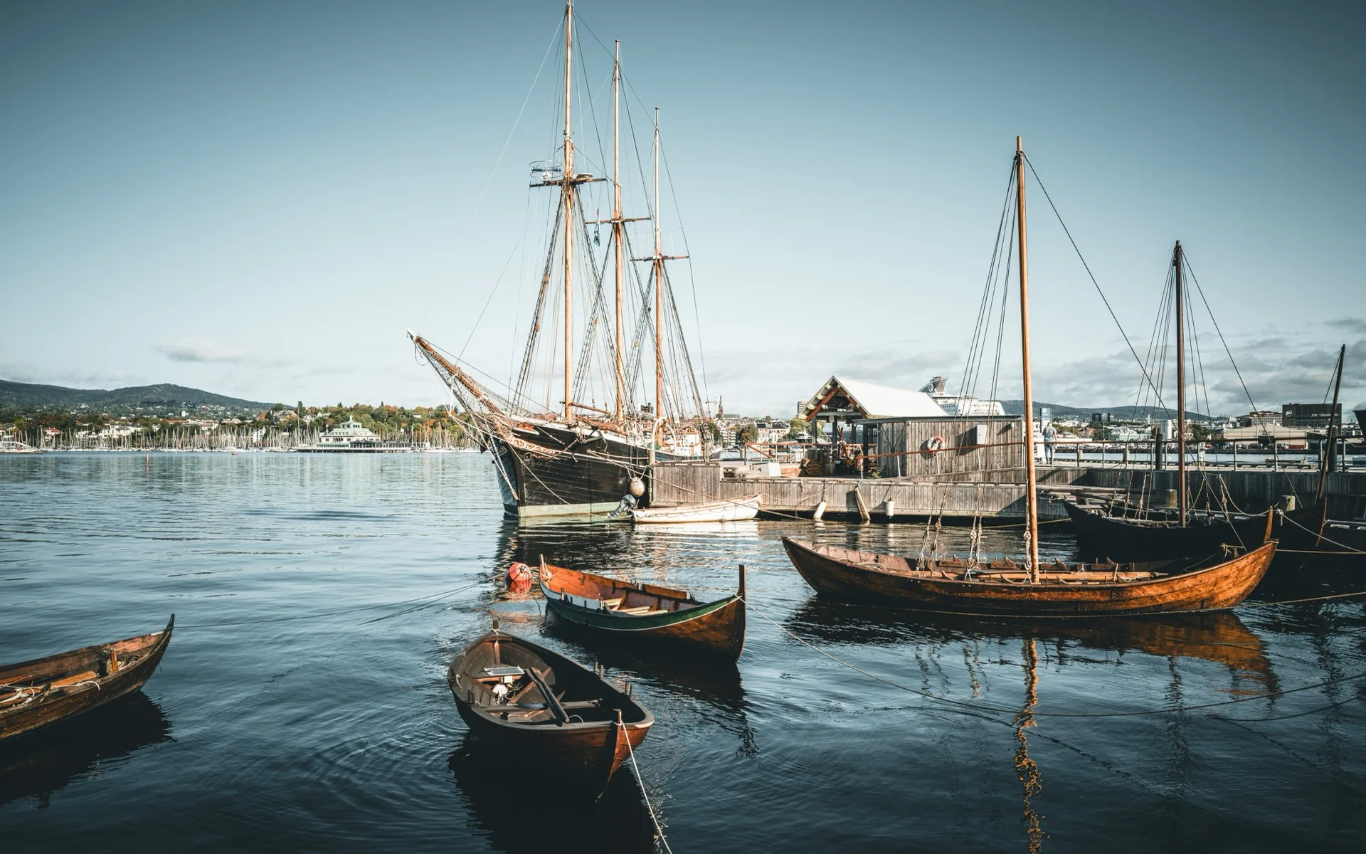 Viking ships and wooden boats at the Bygdøy waterfront