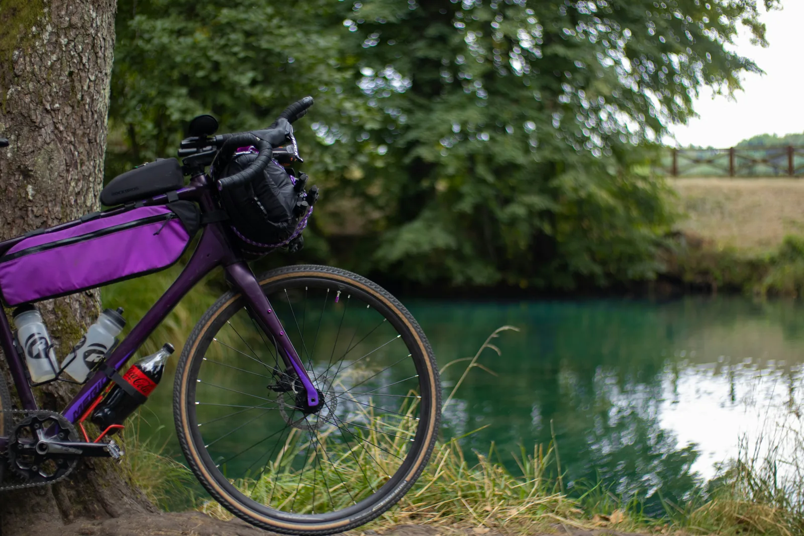A gravel bike with a frame bag and bottles parked beside a lake