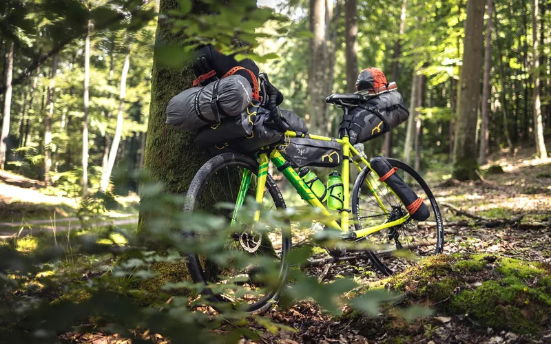 A gravel bike loaded with bikepacking bags and a sleeping bag, resting against a tree in the forest
